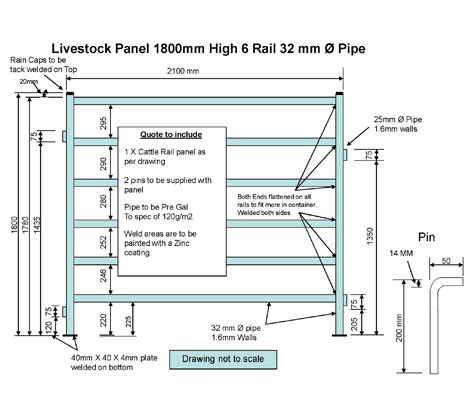 Livestock Panel 1800mm High 6 Rail 32mm Dia Pipe 1.6mm Walls